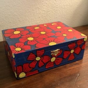 💚Flower Hand Painted Box Jewelry Keepsake Vintage Red Blue Yellow
